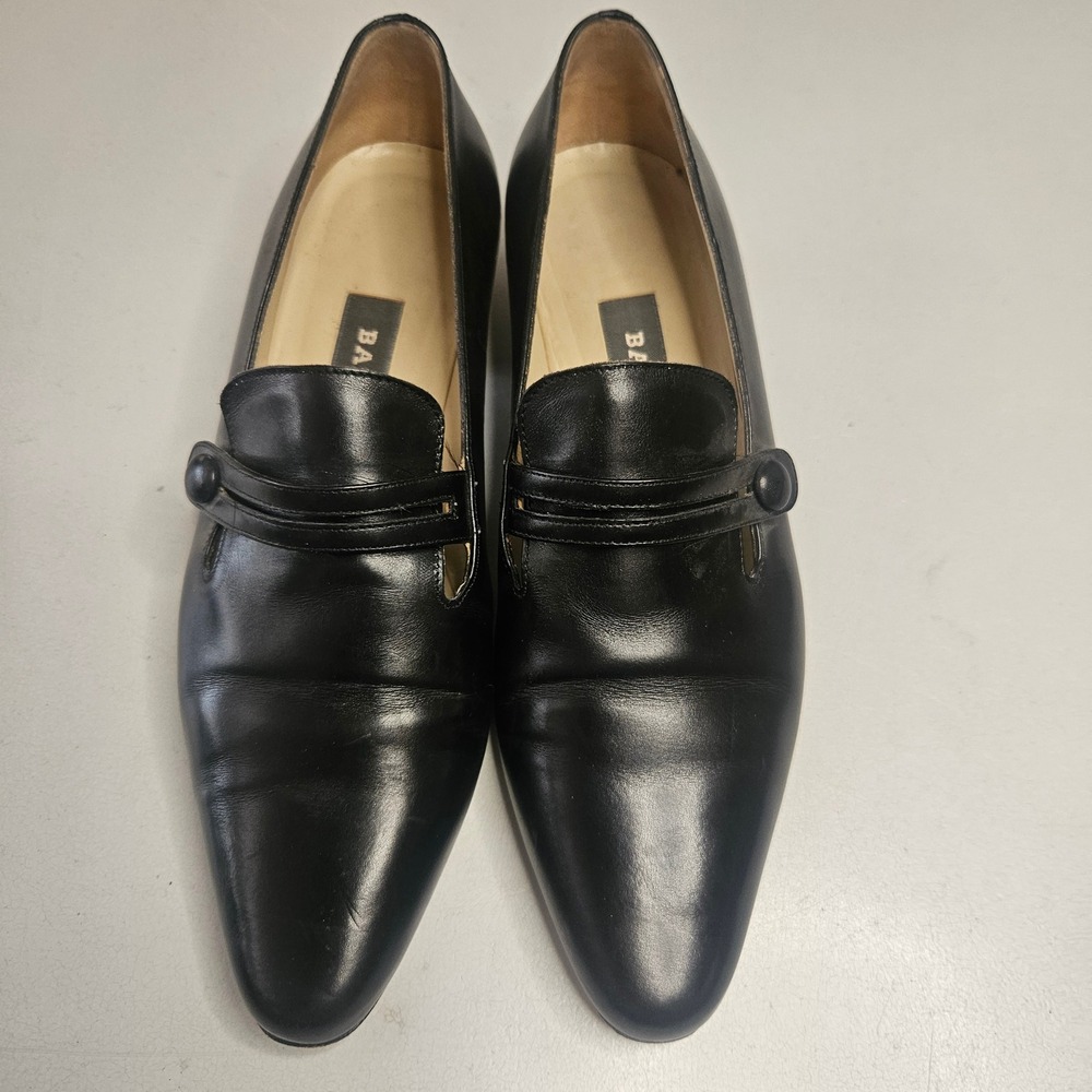 Bally Edraia Black Leather Loafers Made in Italy Almond Toe Block Heel Size 36.5
